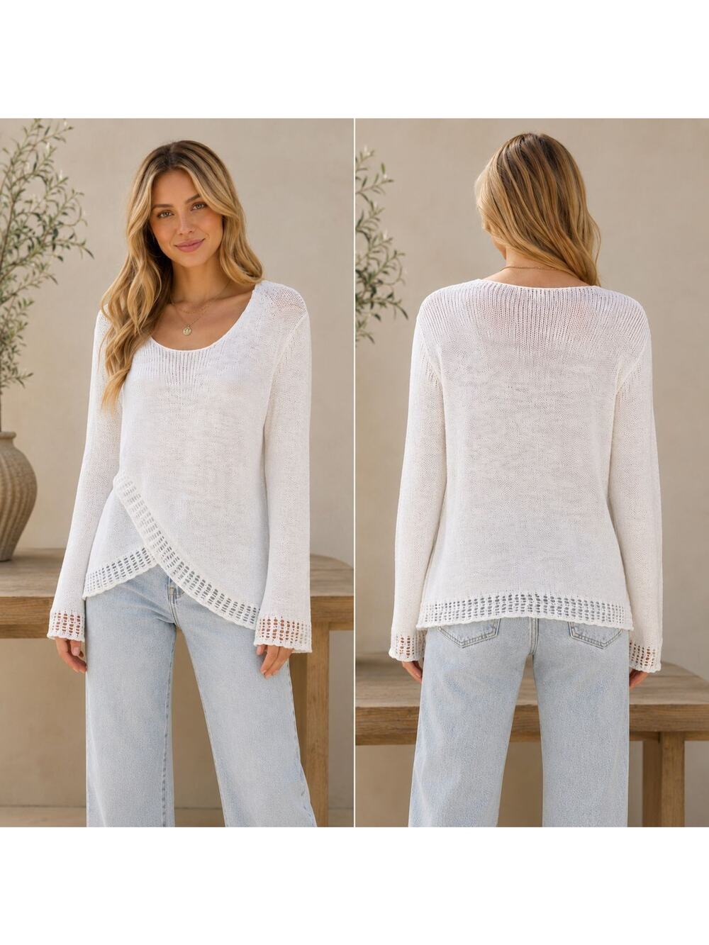 Maison Coupe White Knit Sweater Women's M/M Medium Lightweight Boho Crochet